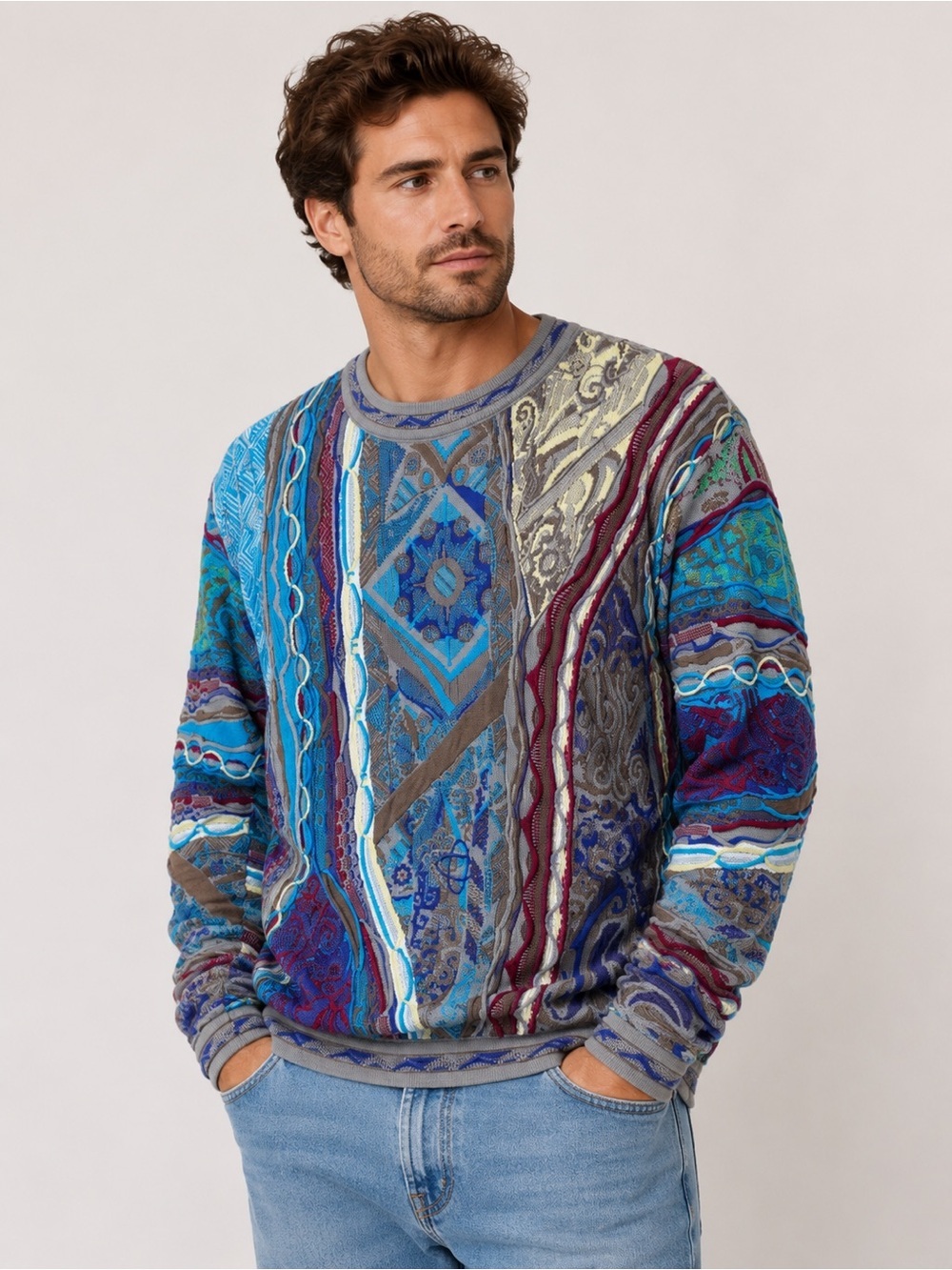 COOGI Australia Mercerized Cotton Textured Knit Sweater Large Blue